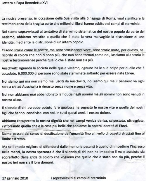 Lettera ufficiale dei deportati a Papa Benedetto XVI